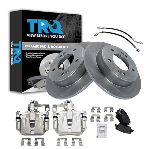 Image of TRQ Rear Brake Pad and Rotor Set Ceramic Rotors Calipers Hoses Compatible with 2014-2018 Kia Forte 2014-2018 Forte5 2014-2016 Forte Koup