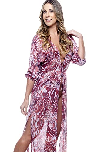 Vestido Saida Longa Fendas Mangas Bufantes Decote V Estampado Animal Print Verm Tam:Único