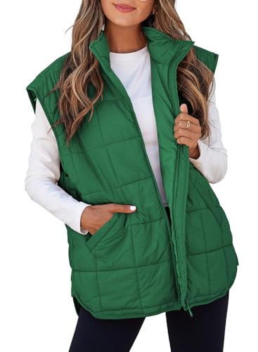 EVALESS Womens Puffer Vest Quilted Zip Up Cap Sleeve Jackets Lightweight Fall Travel Teacher Outfits for Women 2025 Fashion Warm Winter Coats With Pockets Dark Green Large