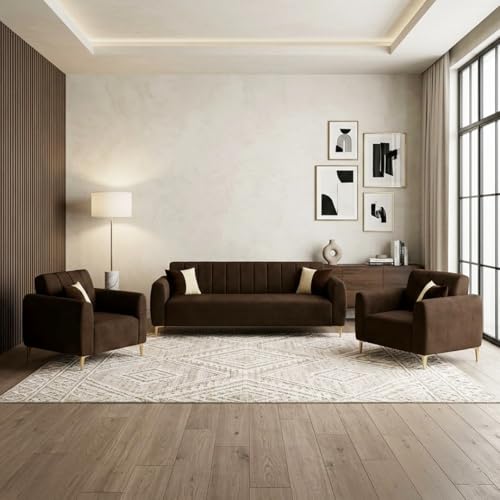Image of Habibi Rich Velvet Suede 3+1+1 Seater Sofa Set | Spacious Soft Touch Comfort Seating | 5 Person Seating | Modern Living Room Sofa Set (Dark Brown)