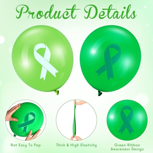 Image of Hungdao 100 Pcs Mental Health Awareness Balloon Decoration Green Ribbon Balloons Mental Health Awareness Items for Public Charity Fundraiser Party Supplies