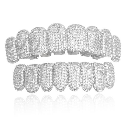 AISGRIL Grillz Grills Teeth 18K Gold Plated Inlaid Zircon Hip Hop Grillz Full Diamond Teeth Top & Bottom for Men Women Halloween Christmas