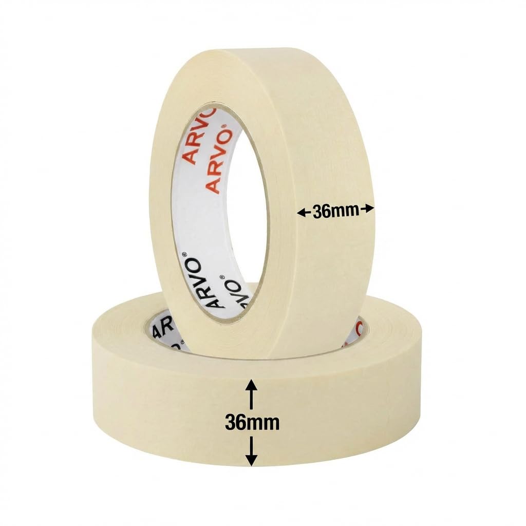ARVO Masking Tape for Painting – 36 mm x 50 m Decorators Painters Tape | Medium-High Adhesion, Crepe Paper for Walls, Trim & Multi-Surface Indoor Decorating – Pack of 2