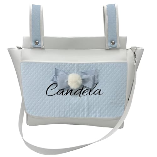 various Bolso Carro Bebe Polipiel Pañalera Organizador Personalizado con Nombre Bordado Bolsa Maternidad Bolso Hospital Bebé con asa larga para colgar (Blanco/Azul)