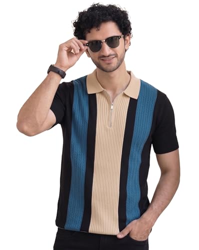 Image of AUSK Men's Zip Collar Polo Tshirt | Cotton Rich Material | Half Sleeves | Modern Knit Panel Work | Regular Fit