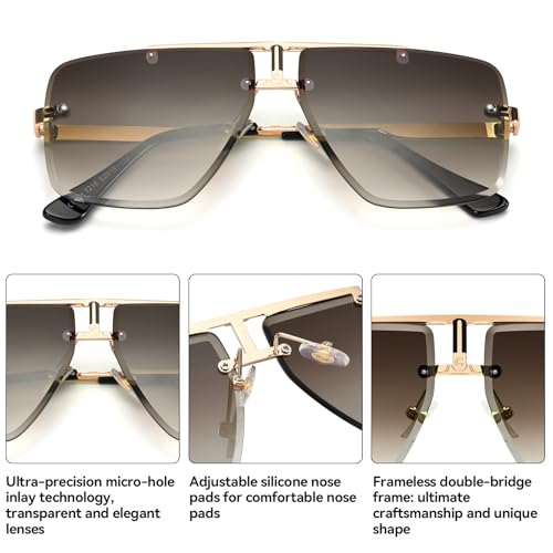 Rimless Oversized Square Sunglasses for Men Trendy Fashion Big Shades Tinted Lens Gold Metal Frameless Glasses UV4003