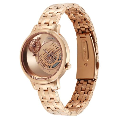 Image of Sonata Unveil Quartz Analog Rose Gold Dial Metal Strap Watch for Women-8190WM01