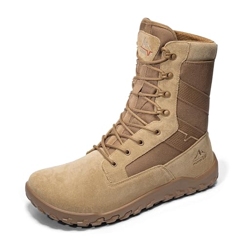NORTIV 8 Men's Wide Toe Box Barefoot Military Tactical Boots for Men Zero Drop Work Minimalist Leather Side Zipper Motorcycle Combat Boots 9 Coyote