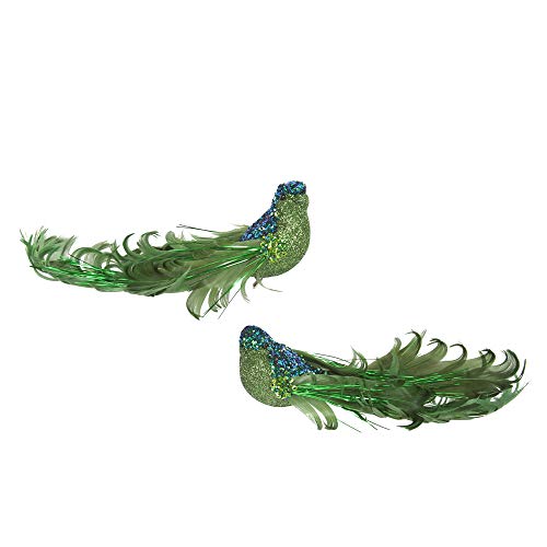 Gisela Graham Set of 2 Green Glitter & Feather Curly Tail Birds on a clip Wedding Christmas Decoration