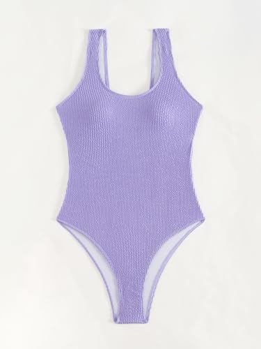 Image of Limeeke Women One Piece Swimsuit Solid Ribbed Monokini Swimwear Scoop Neck Low Back Bathing Suit