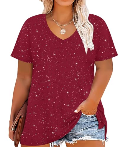 Image of RITERA Women Plus Size Tops Tie Dye V Neck Shirt Floral Camo Summer Short Sleeve Tunic Oversized Ladies Blouse XL-5XL