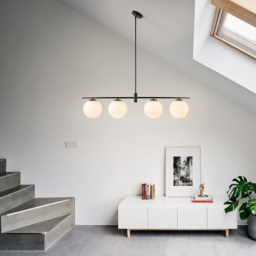 Image of Black 45.3 inch Linear Chandeliers for Dining Room 4-Lights Milk Glass Globe Large Modern Linear Chandelier for Kitchen Island Living Room, Mid Century Chandelier Light Fixture Over Table