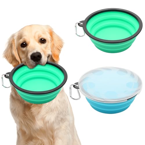 Paquete de 2 cuencos plegables grandes para perros, 1000 ml, cuencos plegables de viaje para perros, cuenco portátil para agua y comida con mosquetón, plato de alimentación para mascotas, para viajes