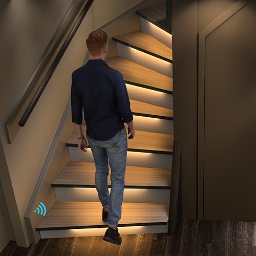 Image of Motion Sensor with Daylight Sensor Sync Light Up Type LED Stair Lighting Kit SSL-0516, Suilt for 20-40inches Wide Indoor Staircase (Warm White 3000K, 12 Stairs)