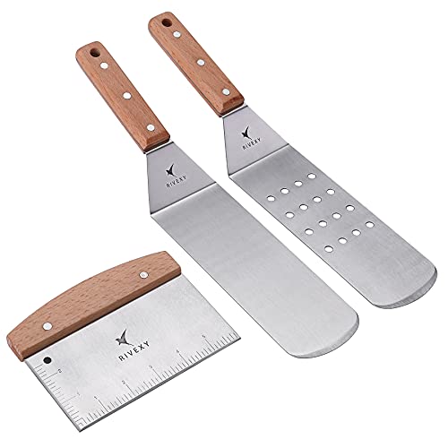 Rivexy Griddle Accessories BBQ kit, Griddle Accessories Wooden 3 pcs Metal Spatula Set Stainless Steel for Blackstone, Griddle Spatula, Griddle Scraper, Spatula for Smash Burger