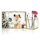 LIMOR Metal Pen Holder w/ Picture Frame - Gold Pencil Storage Holder Makeup Brush Organizer & Glass...