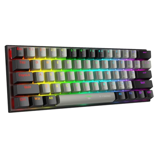 E-Yooso Pequeño teclado mecánico con cable de 61 teclas, interruptor rojo silencioso, iluminación RGB, 60% teclado para juegos en negro y gris (QWERTY,disposición de EE. UU.)