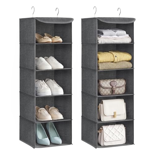SONGMICS Wardrobe Organizer Set of 2 Hanging Closet Bag Foldable Space Saving with Metal Hooks Bamboo Reinforcement Linen Pattern Grey RCH005G02