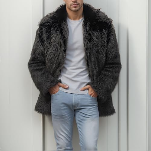 Image of Colf Men's Winter Parka Coat Lapel Faux Fur Jacket | Mens Faux Fur Coat, Long Sleeve, Fluffy Overcoat, Winter Jacket