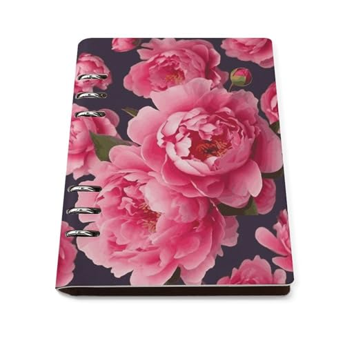 Carnet de notes A5 à anneaux en cuir PU à fleurs de pivoine rechargeable 90 feuilles