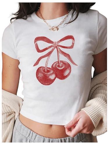 COZYEASE Girl's Graphic Cherry Print Tee Short Sleeve Crew Neck Y2k Crop T-Shirt