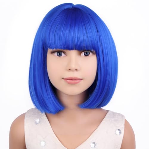 PATTNIUM Kids Blue Wig Child Blue Bob Wig Short Blue Wig for Girls Colored Wigs Dark Blue Bob Wig Cosplay Party Synthetic Rose Net Daily Wear Wig(Dark Blue)