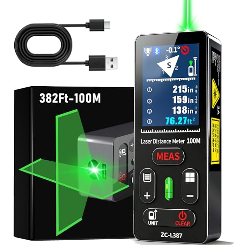 ZHOUCE ZC-L387 Laser Measuring Tool 328Ft /100m Dual Green Laser Rangefinder Green Crosshair Laser Measuring Tool Backlit LCD Display Rechargeable Laser Rangefinder/Length/Volume/Area/Voice (m/Ft/in)