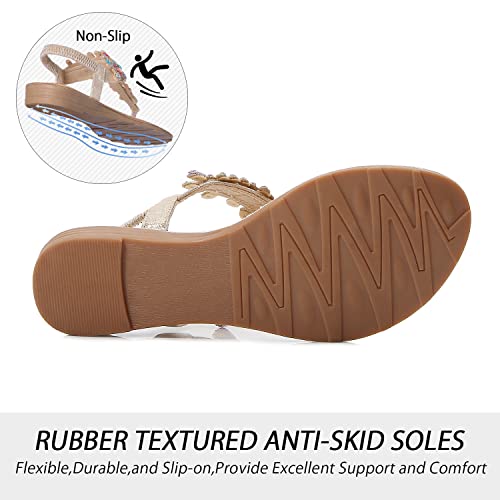 Icker Women Rhinestone Sandals T-Strap Buckle Bohemian Pearl Crystal Flat Sandals-Pd01-Gold-9 #TOP3