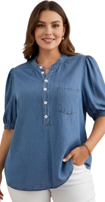 Women's Denim Breeze top with Puff Sleeves, Button Front Chambray Top with Chest Pocket-picture-19