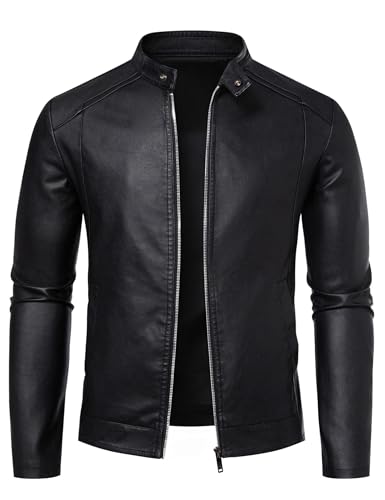 Zbrandy Mens Leather Jacket Faux Leather Motorcycle Jackets Stand Collar Biker Coat Outwear Black M