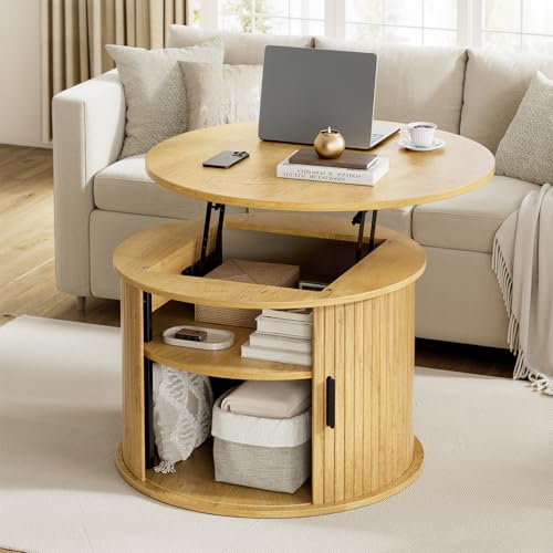Lift Top Coffee Table for Small Spaces: Stylish Storage Solutions Reviewed 5 FABATO Round Lift Top Coffee Table, Fluted Wood Accent Coffee Table with Hidden Storage and Open Shelves, Drum Table with Sliding Rolling Door, Small Center Table Dining Table for Living Room, Wood