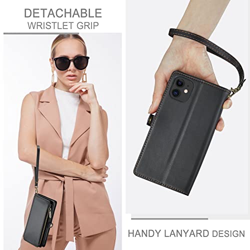 Strapurs Iphone 11 Wallet Case With Card Holder【Rfid Blocking】 Zipper, Iphone 11 Phone Case Wallet Wristlet Durable Pu Leather Magnetic Flip Folio Shockproof Protective Cover For Women And Men Black #TOP4
