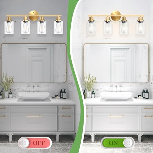 Image of 4-Light Gold Bathroom Light Fixtures, E26 Modern Vanity Lights for Bathroom with Clear Glass Shade, Wall Lamps for Mirror Hallway Kitchen Cabinet Living Room Sconces Lights