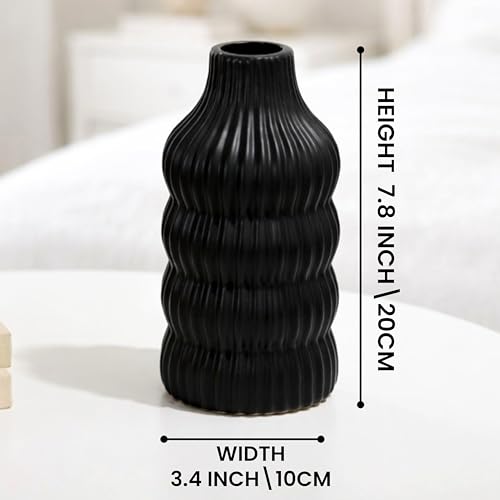 Image of Modern Ribbed Ceramic Vase - Matte Black Decorative Flower Vase for Home Decor, Table Centerpiece & Living Room Styling