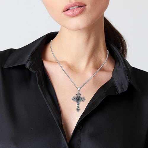 Vintage Cross Necklace 925 Sterling Silver Retro Oxidized Design Pendant with 6mm Heart Gemstone Ideal for Daily Elegance & Gifting Jewelry3