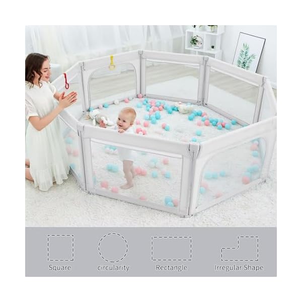 Baby playpen for toddlers foldable playpen safe anti fall play yard visible mesh play pen with zipper gate baby fence play area with pull up rings adjustable baby play yards grey 71×59  urban country home decor