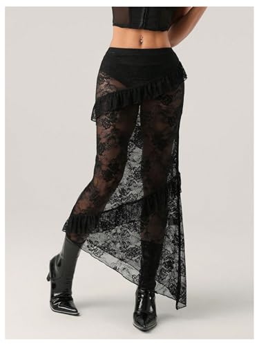 Verdusa Women's Gothic Floral Lace Sheer Maxi Skirt Drop Waist Asymmetrical Ruffle Bodycon Skirts3