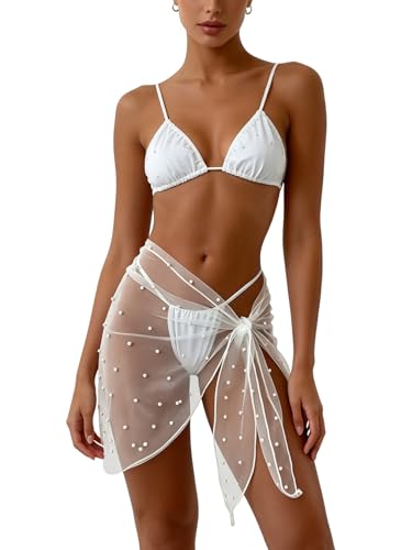Image of GORGLITTER Women's Cover Up Sarong Wrap Skirt Bachelorette Outfits for Bride Sheer Mesh Bridal Swimsuit Pearl Bathing Suit