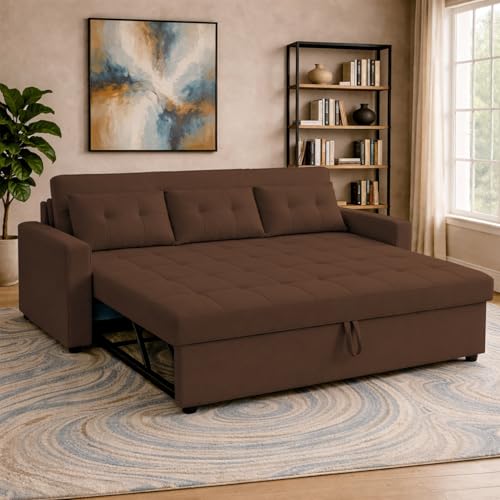 Image of Emilio 3 Seater with Ottomon Pull-Out Sofa Cum Bed (Brown Color) Premium Fabric Sofa Set for Living Room | Bedroom