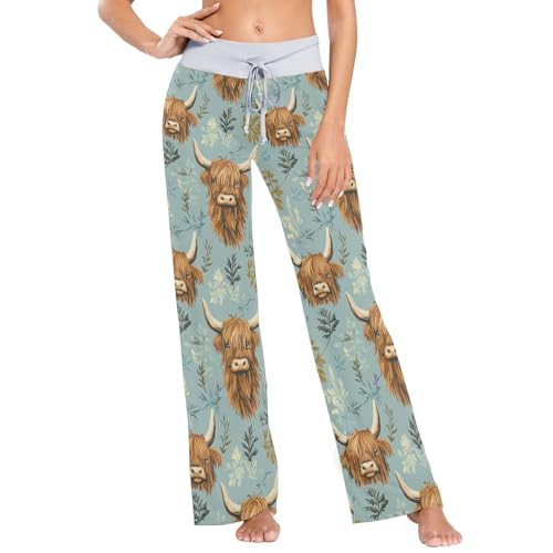 Oarencol Women's Pajama Pants Highland Cow Leaves...
