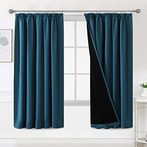 BellaHills 100% Blackout Curtains for Bedroom Thermal Insulated Curtains & Drapes Blackout Curtains Pencil Pleat Curtains for Living Room with Black Liner 2 Panels Set, 90 x 72 Inch, Dark Teal