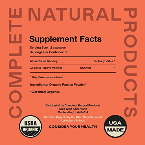 Complete Natural Products Organic Papaya Enzymes & Papain Enzyme Capsules - 500Mg 100 Pills, Organic Papaya Powder Digestive Super Fruit Capsules #TOP1