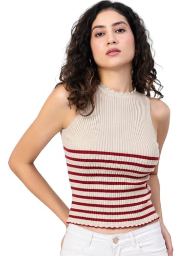 Image of Kalt Womens Knitted, Ribbed Cotton Fitted Sleeveless Round Neck Cami Tank Top