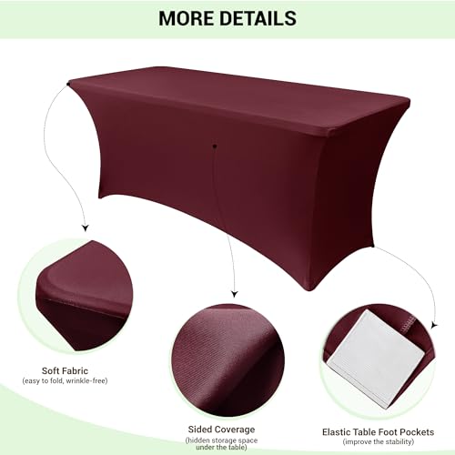 Image of Obstal 8Ft Stretch Spandex Table Cover for Standard Folding Tables - 2 Pack Universal Rectangular Fitted Tablecloth for Party, Banquet, Events, Trade Show (Wine Red, 96L x 30W x 30H Inches)