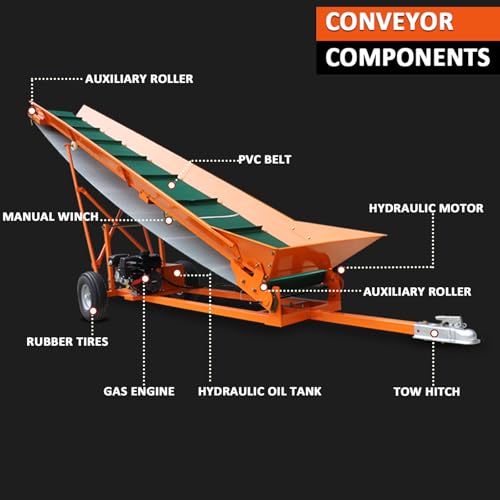 Image of 12-Inch Gas Powered Firewood Conveyor, 6.5HP 208cc Engine, 31-Ft PVC Belt, Hydraulic Variable Speed, 9.8-Ft Adjustable Lift Height, Towable Wood Conveyor, 110-lb Load
