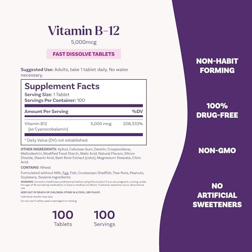 Natrol Vitamin B12 5000 mcg Fast Dissolve B12 Supplement, 100 Tablets - image 3