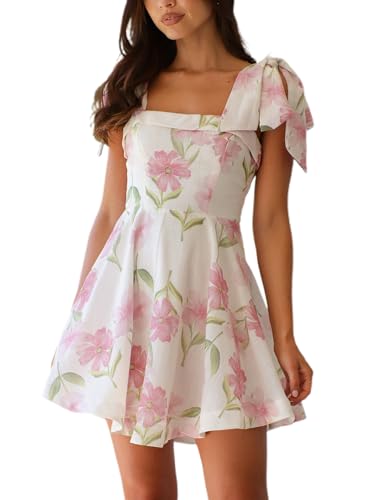 Image of Women Y2k Tie Shoulder Mini Dress Sleeveless Flowy Babydoll Dress Boho Floral Aline Short Sundress