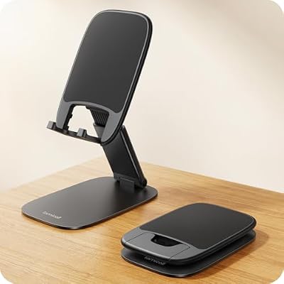 Lamicall Ultra-Thin Phone Stand for Desk, Foldable Cell Phone Holder Height Adjustable, Sturdy Weighted Base, Thick Case Friendly for Gaming Office, Fit iPhone 17 16 15 Pro Max, Galaxy S26, Switch