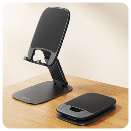 Lamicall Ultra-Thin Phone Stand for Desk, Foldable Cell Phone Holder Height Adjustable, Sturdy Weighted Base, Thick Case Friendly for Home Office Travel, Fit iPhone 17 16 15 13 Pro Max, Galaxy S26