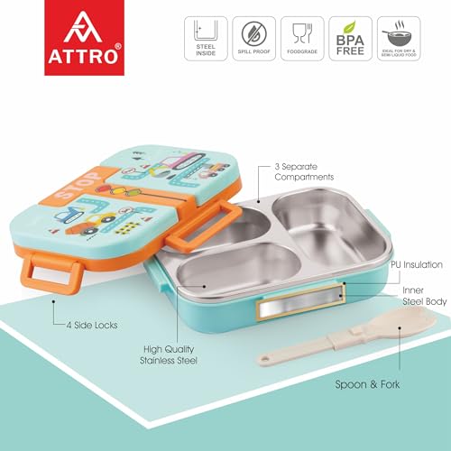 Image of ATTRO Tangy Bite Stainless Steel Lunch Box - 3 Compartment Bento Tiffin, Leak-Proof & Durable, Plastic Spoon, Ideal for Kids, School, Picnic- Orange Blue-600ml- Car Theme